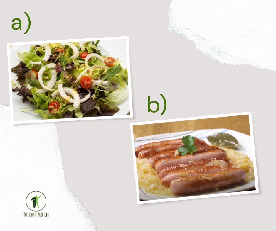 Ensalada de lechugas variadas e hinojo, acompañado de salchichas al vino blanco con cebolla